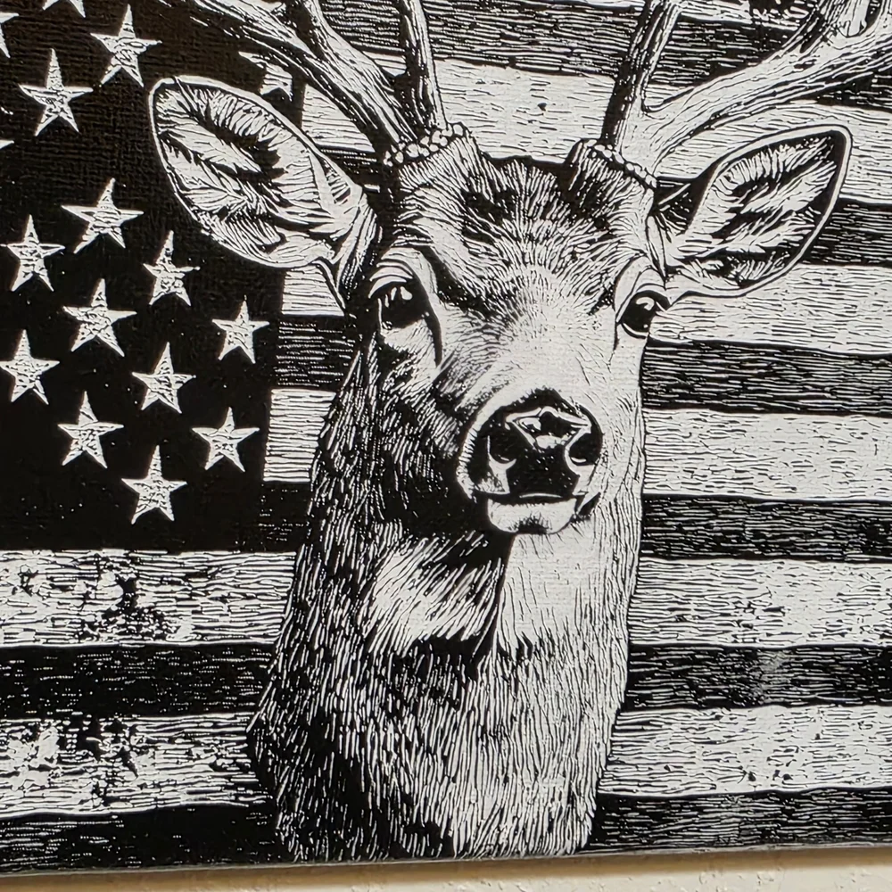 Black and White Deer And Flag Canvas Wall Art - Laser Etched - NEW